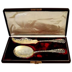 Antique Souflot French All Sterling Silver 18-Karat Gold Ice Cream Set of Two Pieces Box