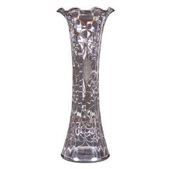 Large Antique Silver Overlay Trumpet Vase