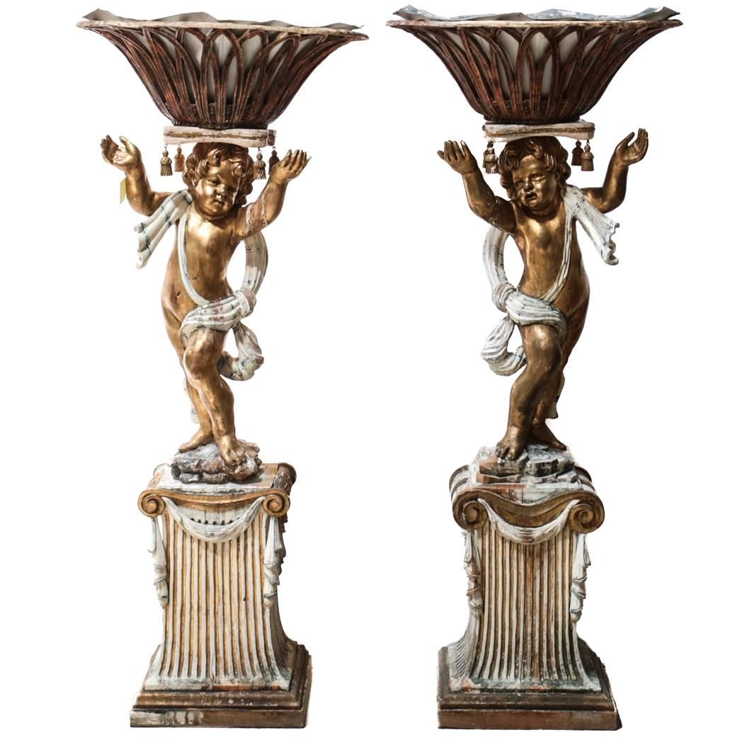 18th Century Italian Carved Wood Figural Putti Pedestal Planters For Sale
