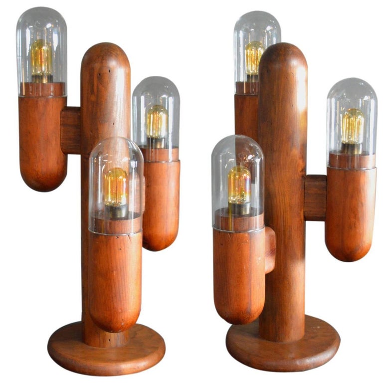 Pair Of Wood Cactus Lamps With Glass Globes At 1stdibs