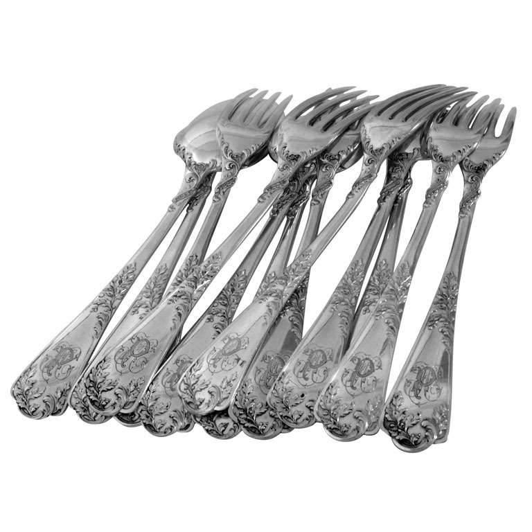 Puiforcat French Sterling Silver Dinner Flatware Set of 12 Pieces Rococo For Sale