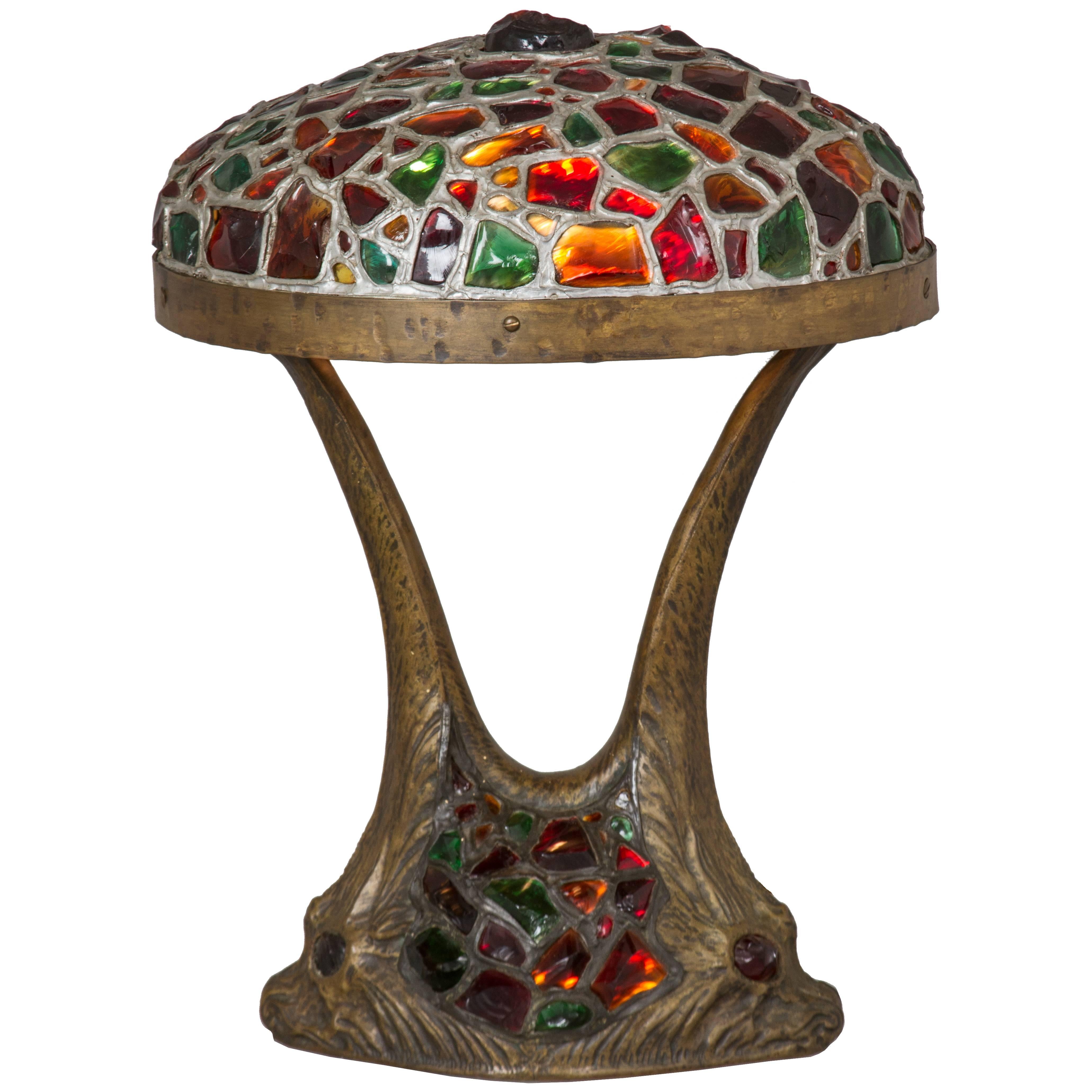 Art Nouveau Austrian Jeweled Chunk Glass Table Lamp with Dolphin Motif For Sale