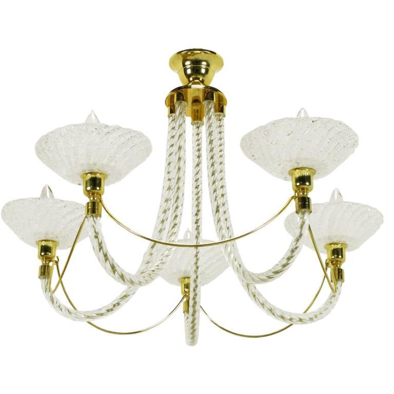 Murano Rope Glass and Brass Five-Arm Chandelier in the Manner of Barovier For Sale