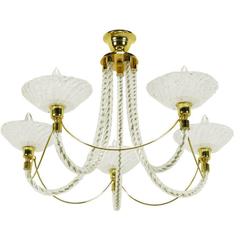 Murano Rope Glass and Brass Five-Arm Chandelier in the Manner of Barovier