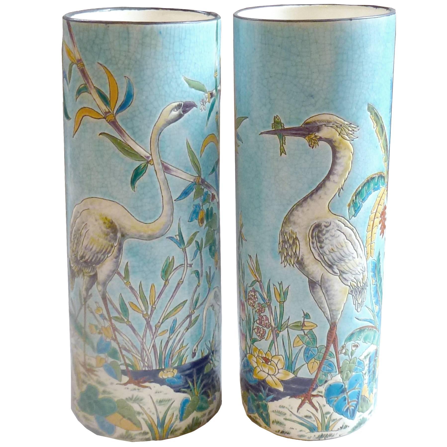 French Japonisme Longwy Pair of Faience Vases, circa 1885 For Sale