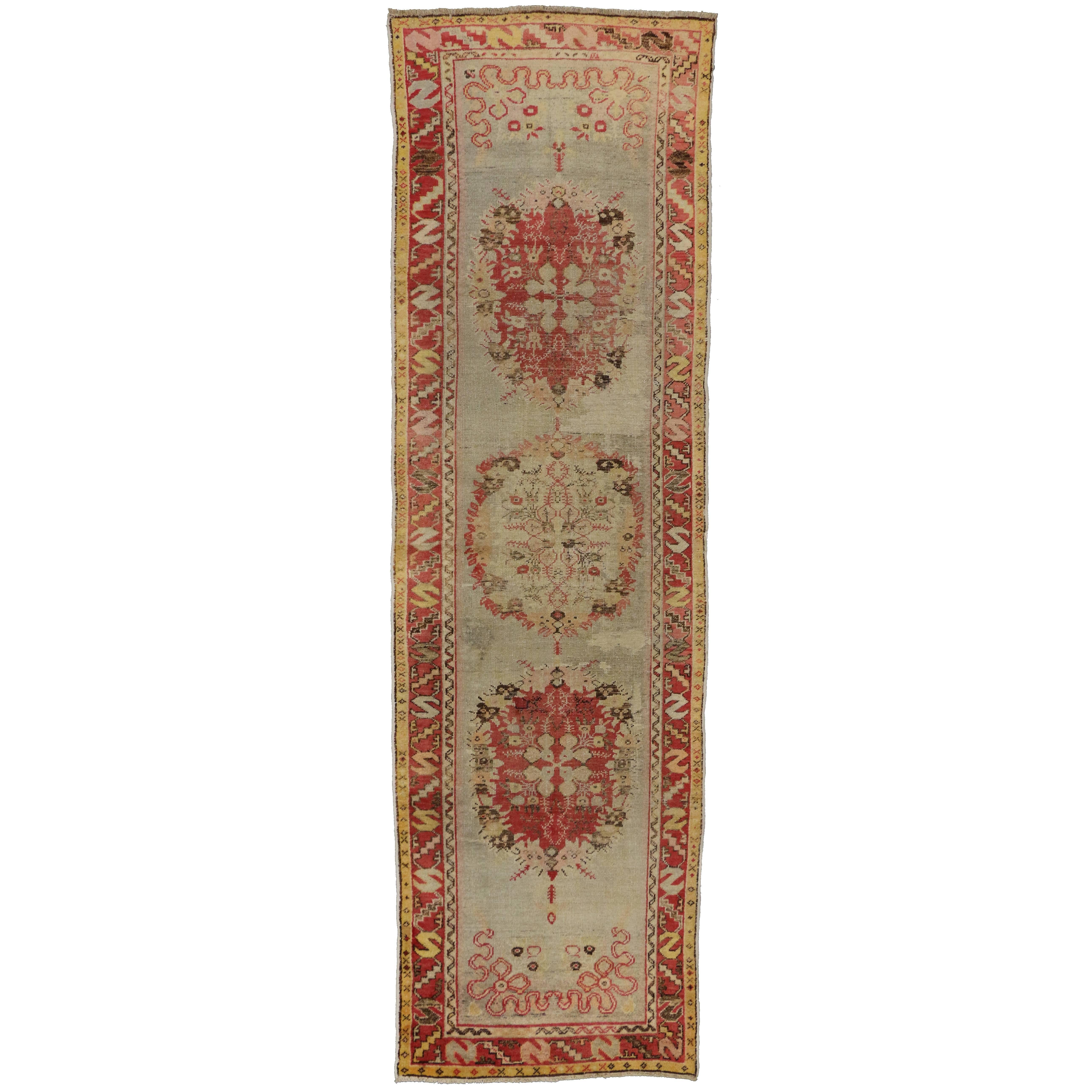 Distressed Vintage Turkish Oushak Runner with Romantic French Country Style