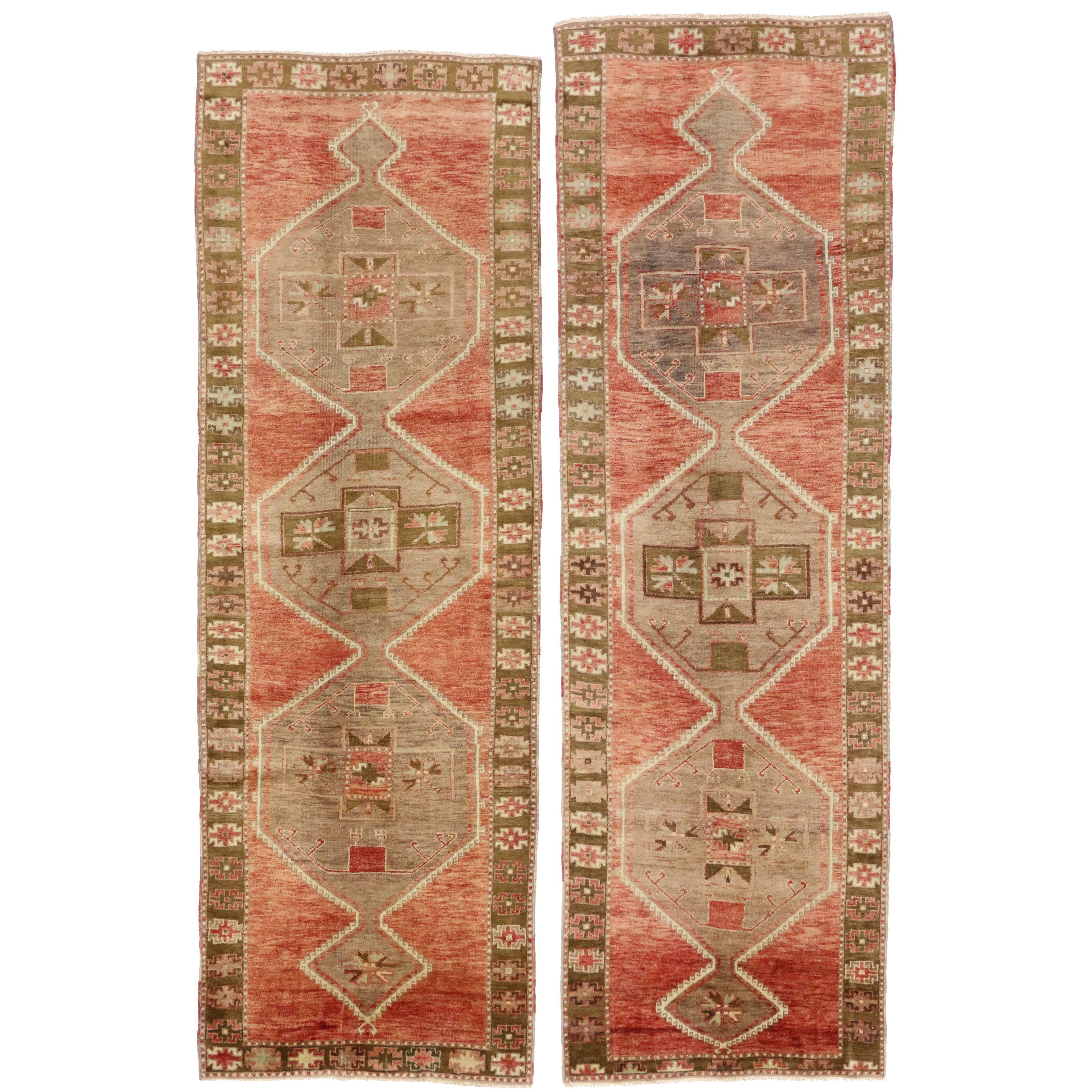 Pair of Vintage Turkish Oushak Hallway Runners with Mid-Century Modern Style For Sale