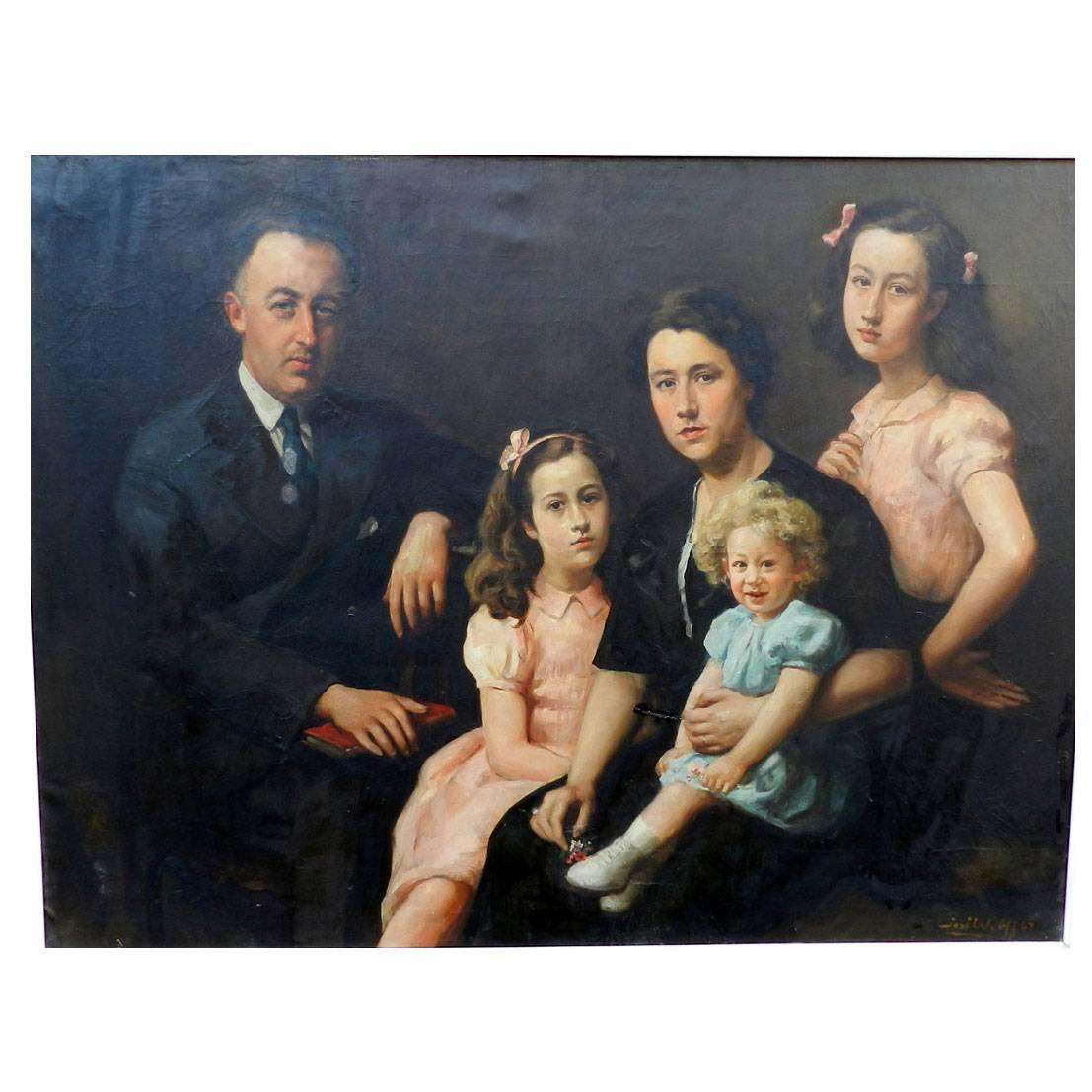 Jose Wolff, Family Portrait, Large Oil on Canvas, circa 1947 For Sale