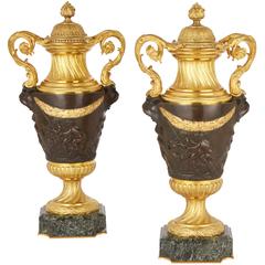 Antique Pair of French Marble, Gilt and Patinated Bronze Vases
