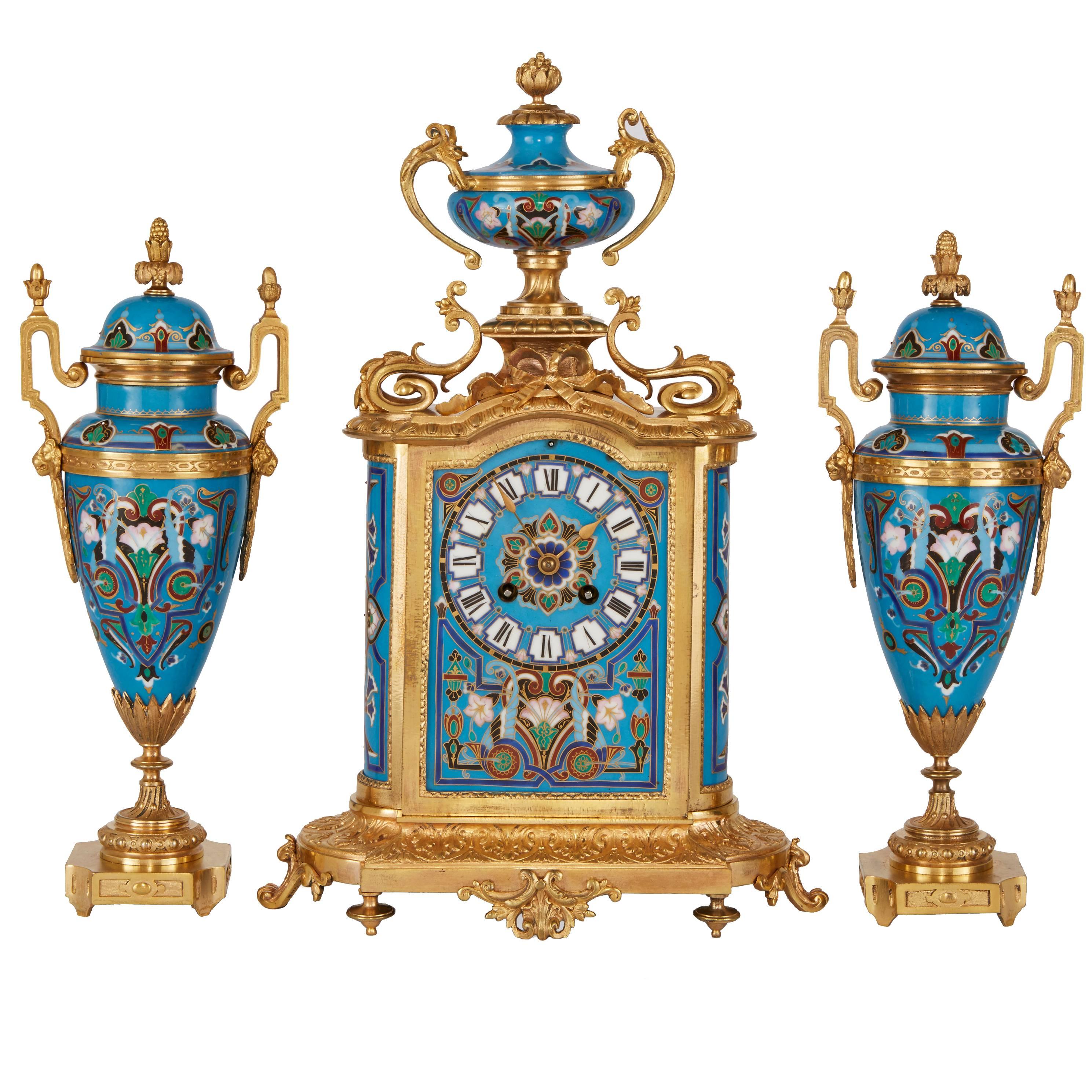 Unusual Ormolu and Porcelain Clock Set For Sale