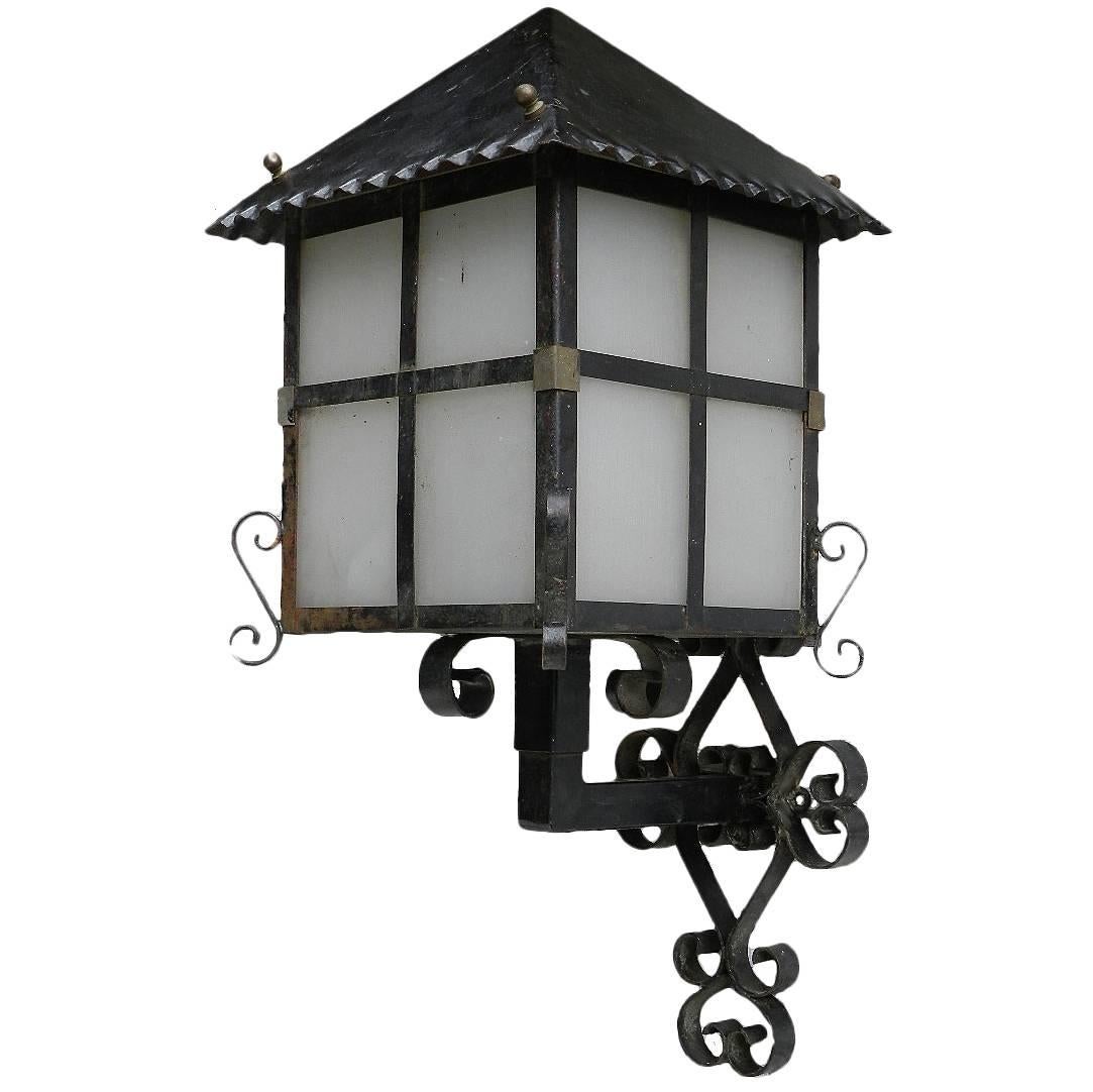 French Lantern Wall Light Outdoor Sconce Wrought Iron and Glass Exterior Porch