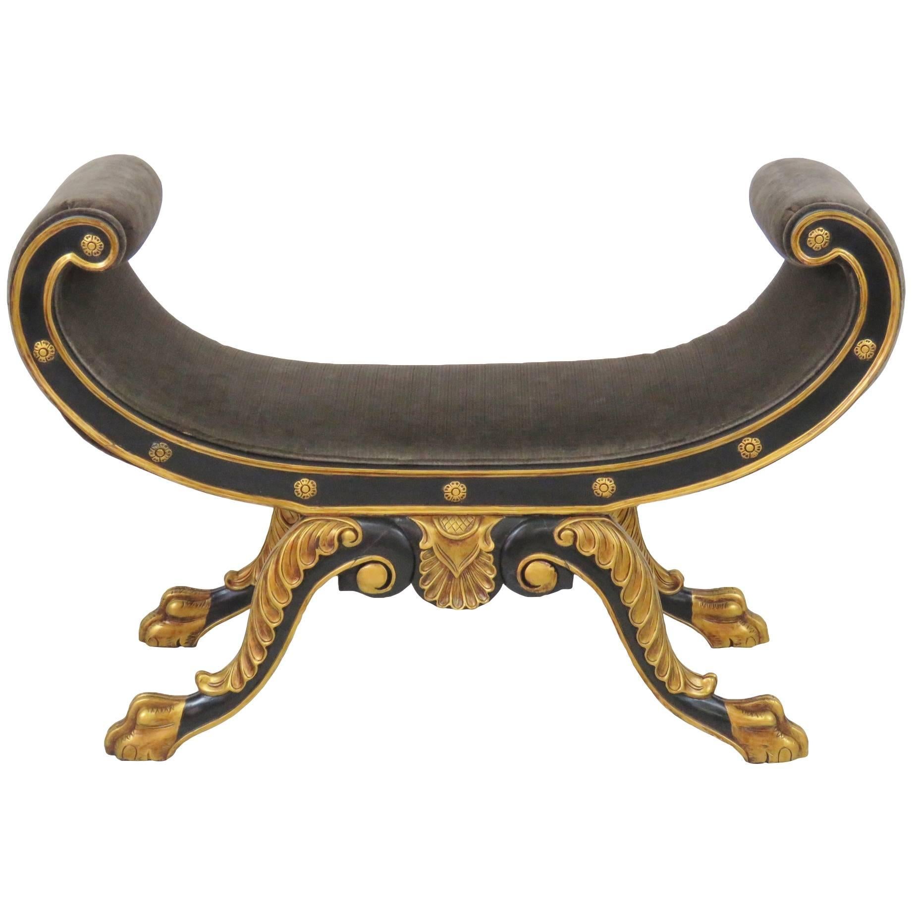 Large Oversized Gondola Form Renaissance Revival Style Ebonized and Gilt Bench