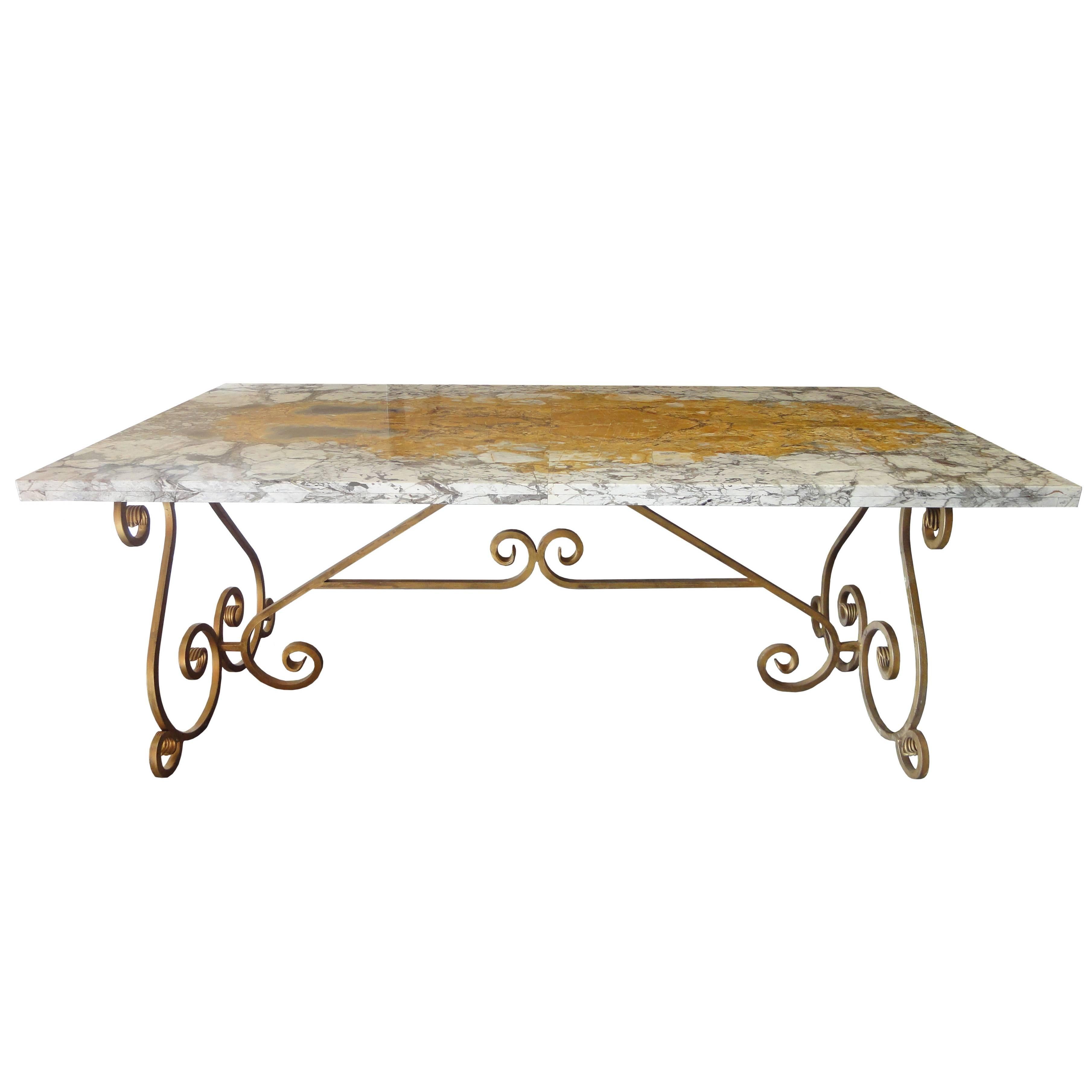 Italian-Style Table with Unique Yellow Siena Marble Top, Gilded Base For Sale
