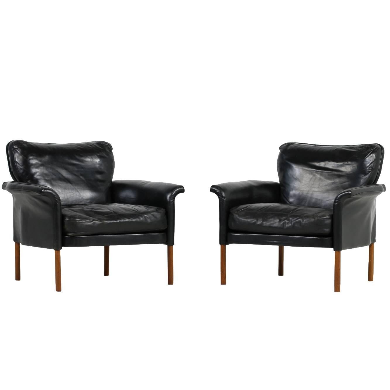 Pair of Leather and Teak Lounge Chairs with Down Filling Hans Olsen Attributed