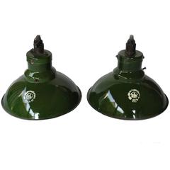 Pair of Small Green Enamel Pendant Lights
