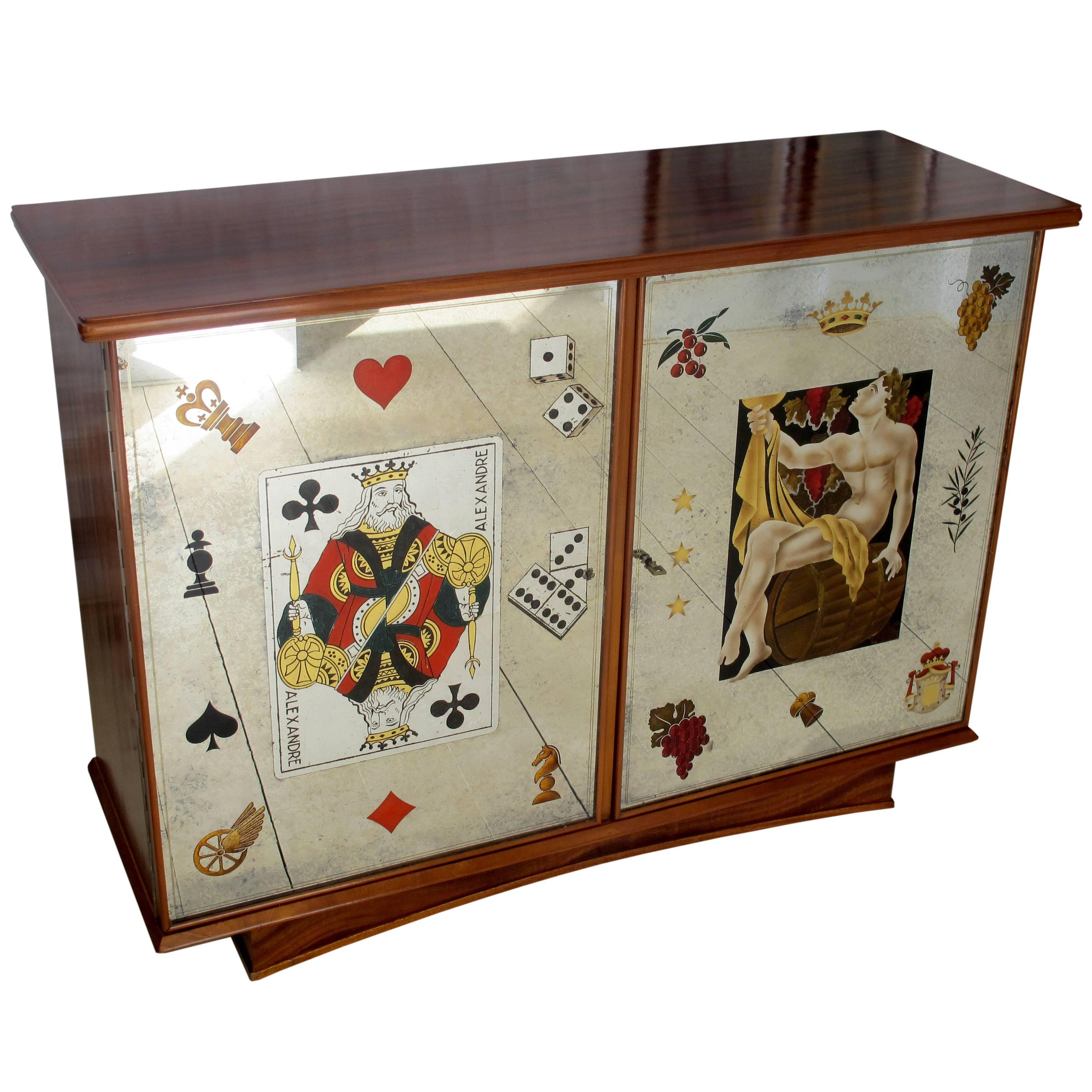 Art Deco Bespoke Drinks and Games Cabinet in Eglomise Glass