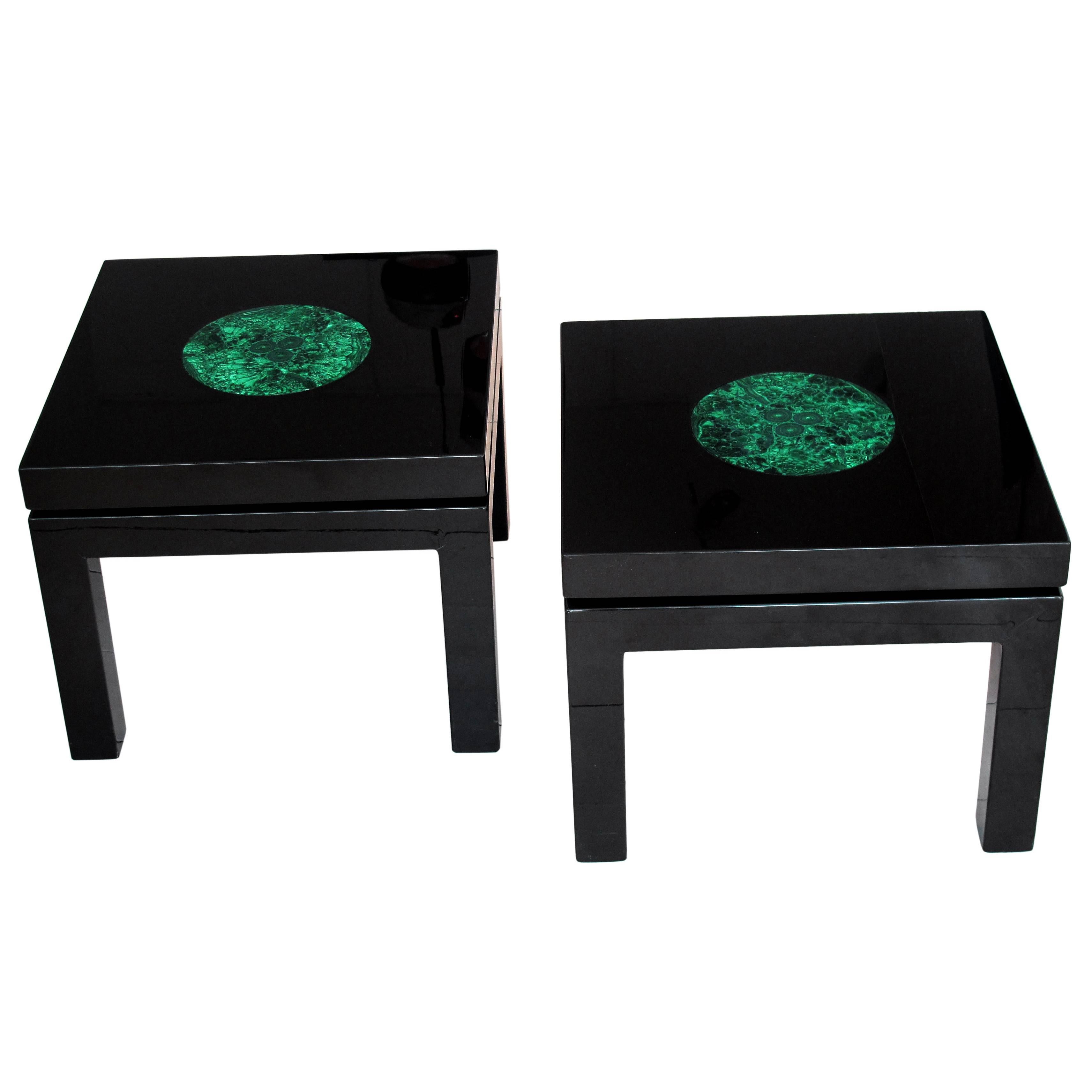 Fernand Dresse Pair of Black Lacquer Side Tables with Malachite Inclusions For Sale