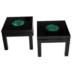 Fernand Dresse Pair of Black Lacquer Side Tables with Malachite Inclusions