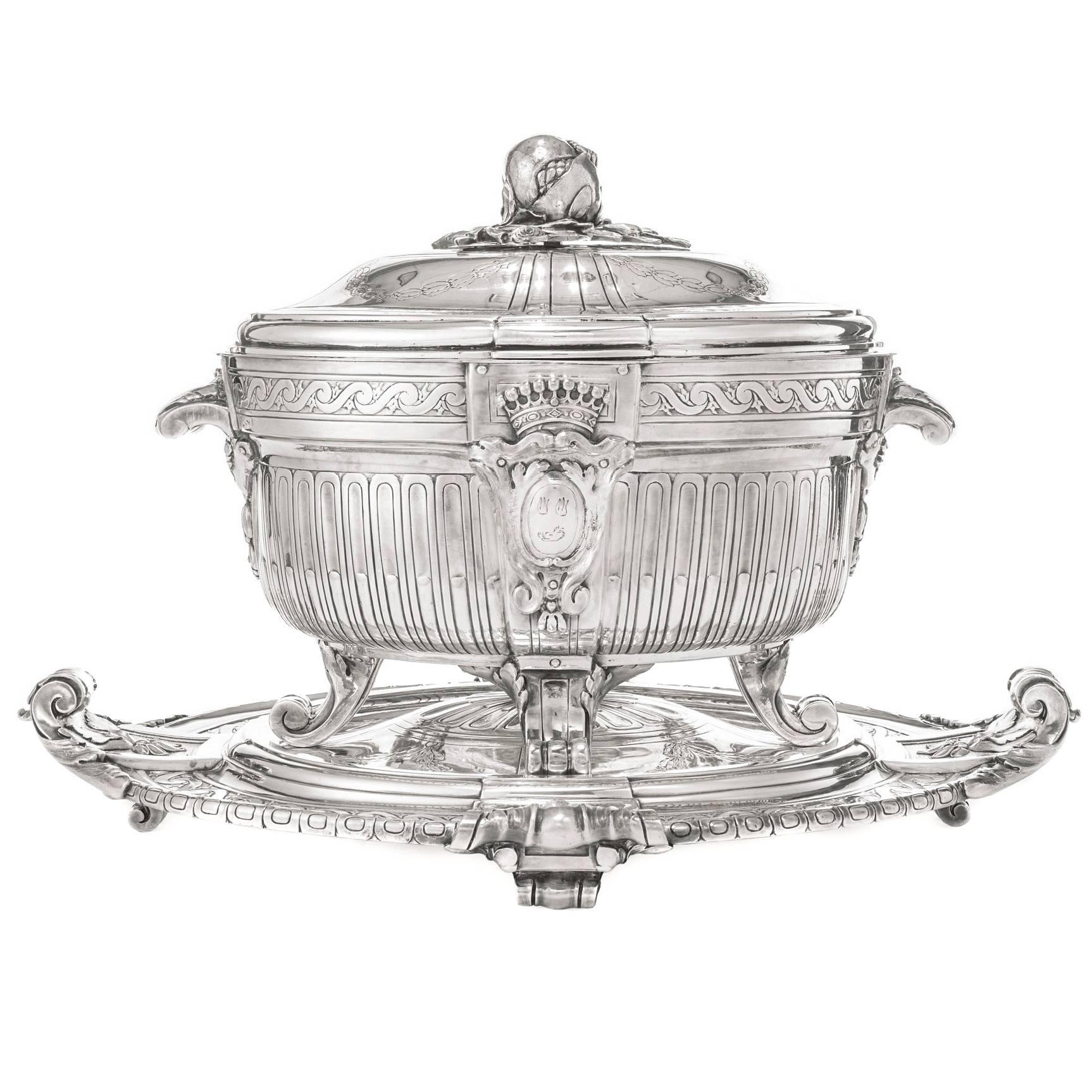 Silver Plate Soup Tureen and Cover with Matching Stand by Christofle, Paris For Sale