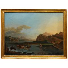 Large 19th Century Italian Oil on Canvas Landscape Painting of Cows in River