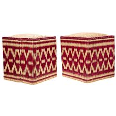 Pair of Moroccan Wicker Stools with Red Decorations