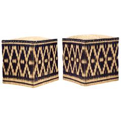 Pair of Moroccan Wicker Stools with Black Decorations