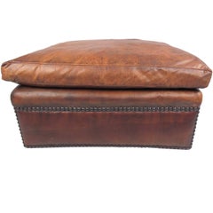 Mid-Century Style Leather Ottoman with Brass Studs