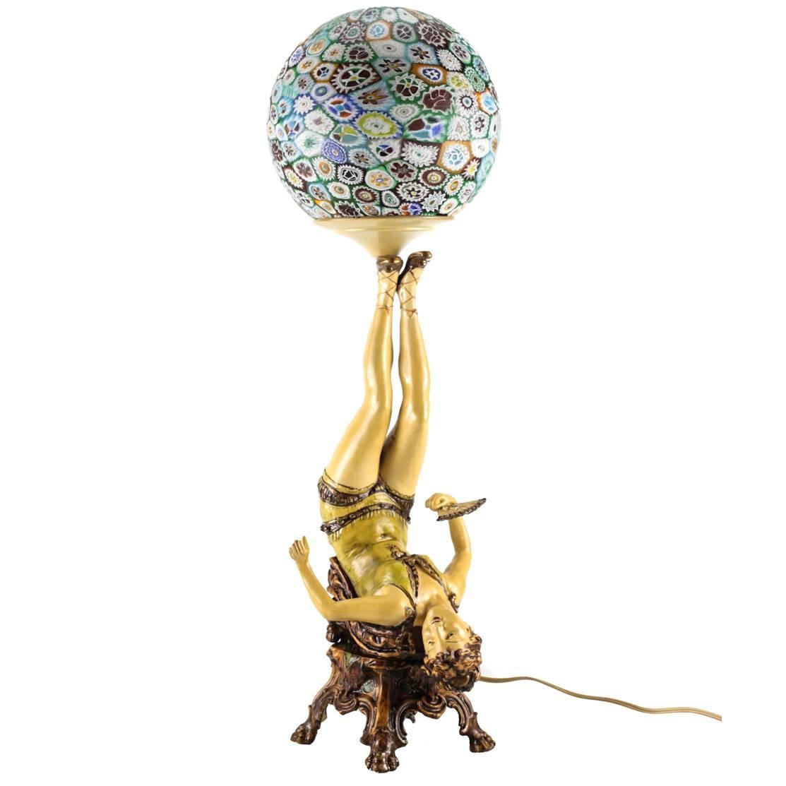 Art Deco Polychrome Figural Burlesque Dancer Lamp with Millefiori Shade For Sale