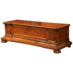Used 19th Century French Carved Walnut Blanket Chest Trunk with Marquetry Inlay