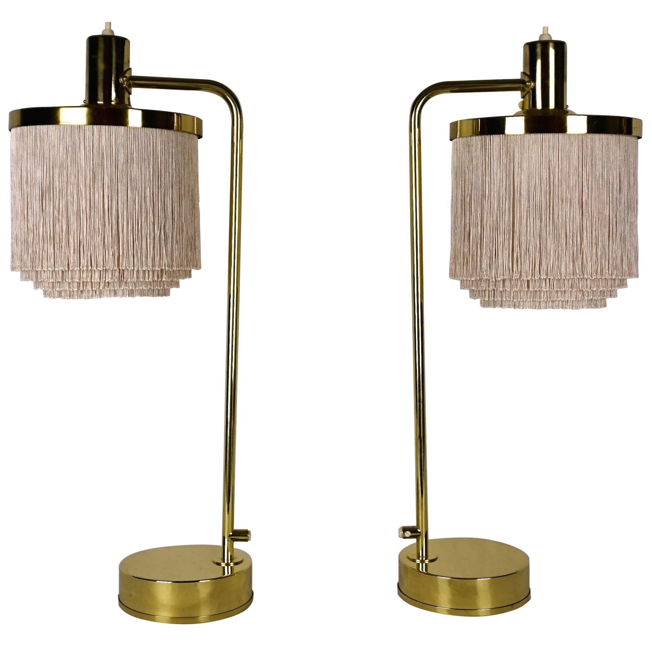 Hans-Agne Jakobsson Model B-140 Pair of Silk Fringe Brass Table Lamp For Sale