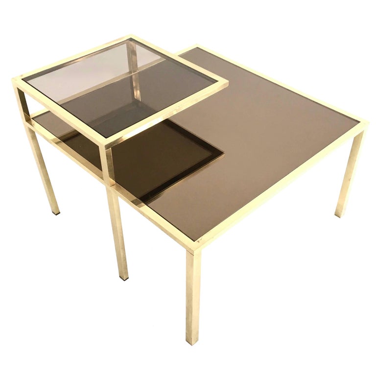 Squared Brass Coffee Table With A Glass Shelf And A Mirrored Top Italy 1980s For Sale At 1stdibs