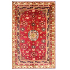 Antique Khotan Rug in Rich Red, Green and Charcoal Colors