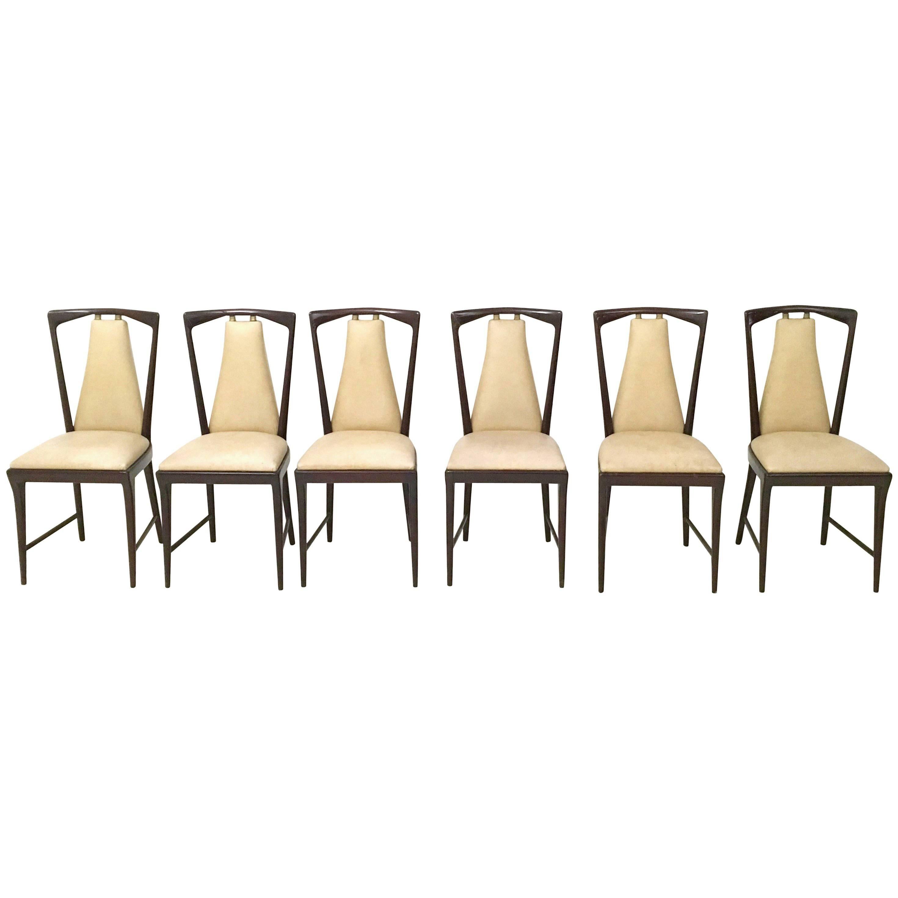 Set of Six Mahogany and Skai Chairs, style of Osvaldo Borsani, Italy, 1950s