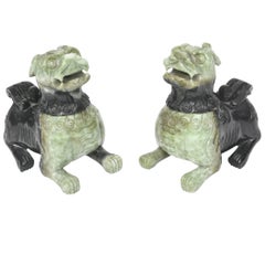 Retro Mid-20th Century Pair of Chinese Carved Green Hardstone Foo Dogs / Lions