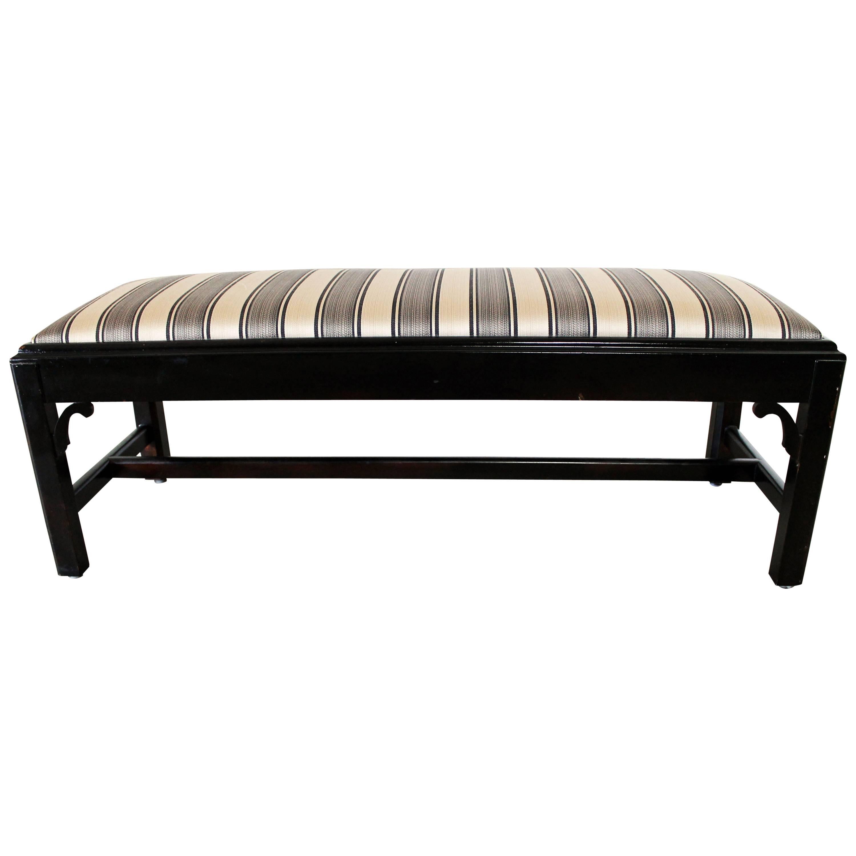 Vintage Black Chinese Chippendale-Style Bench with Black and Gold Upholstery
