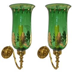 Antique Pair of 1820 English Regency Green Glass and Brass Hurricane Sconces