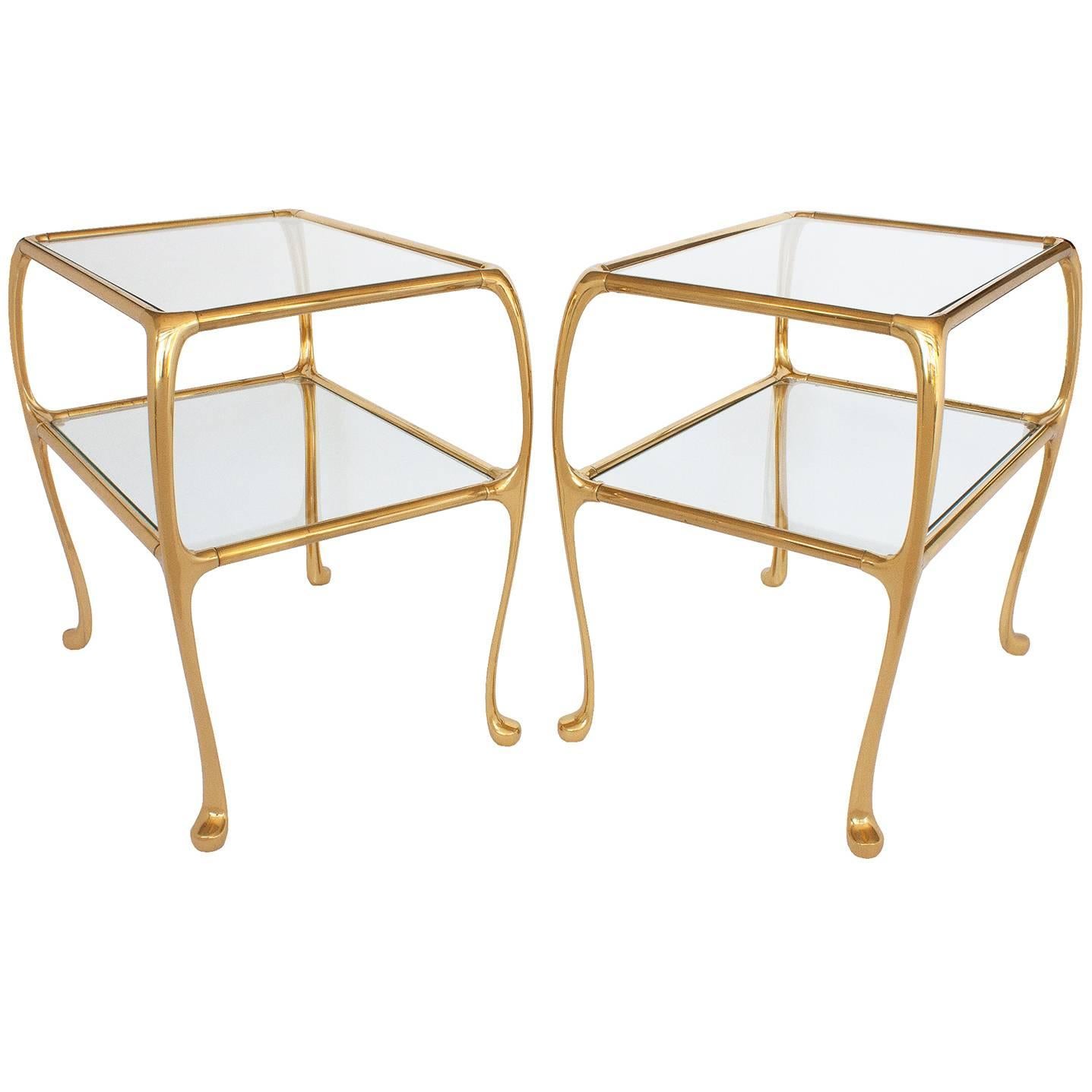 Pair of Gaudi Inspired Brass Two-Tier End Tables