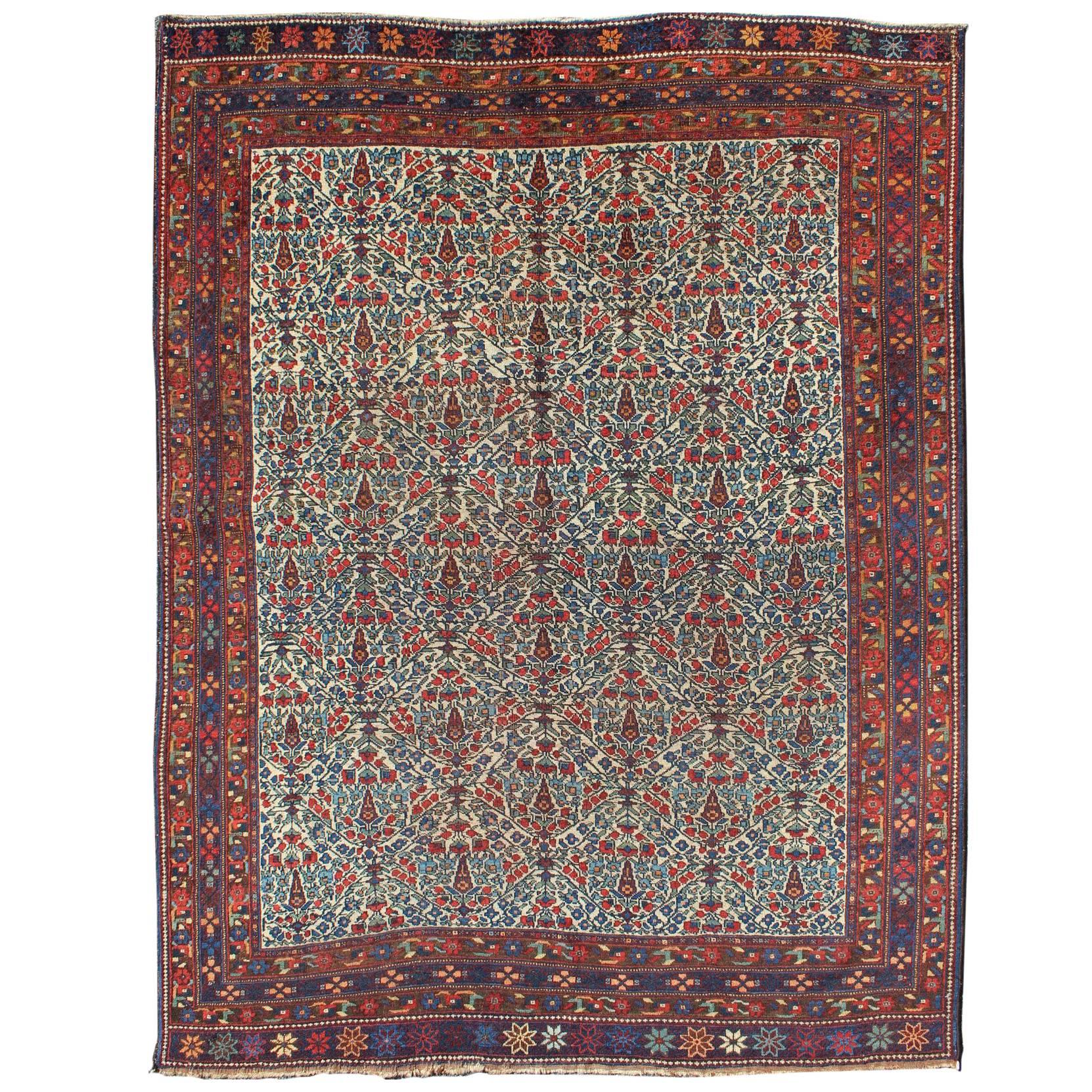  Fine Persian Antique Afshar Rug in Ivory Background & Multi Colors