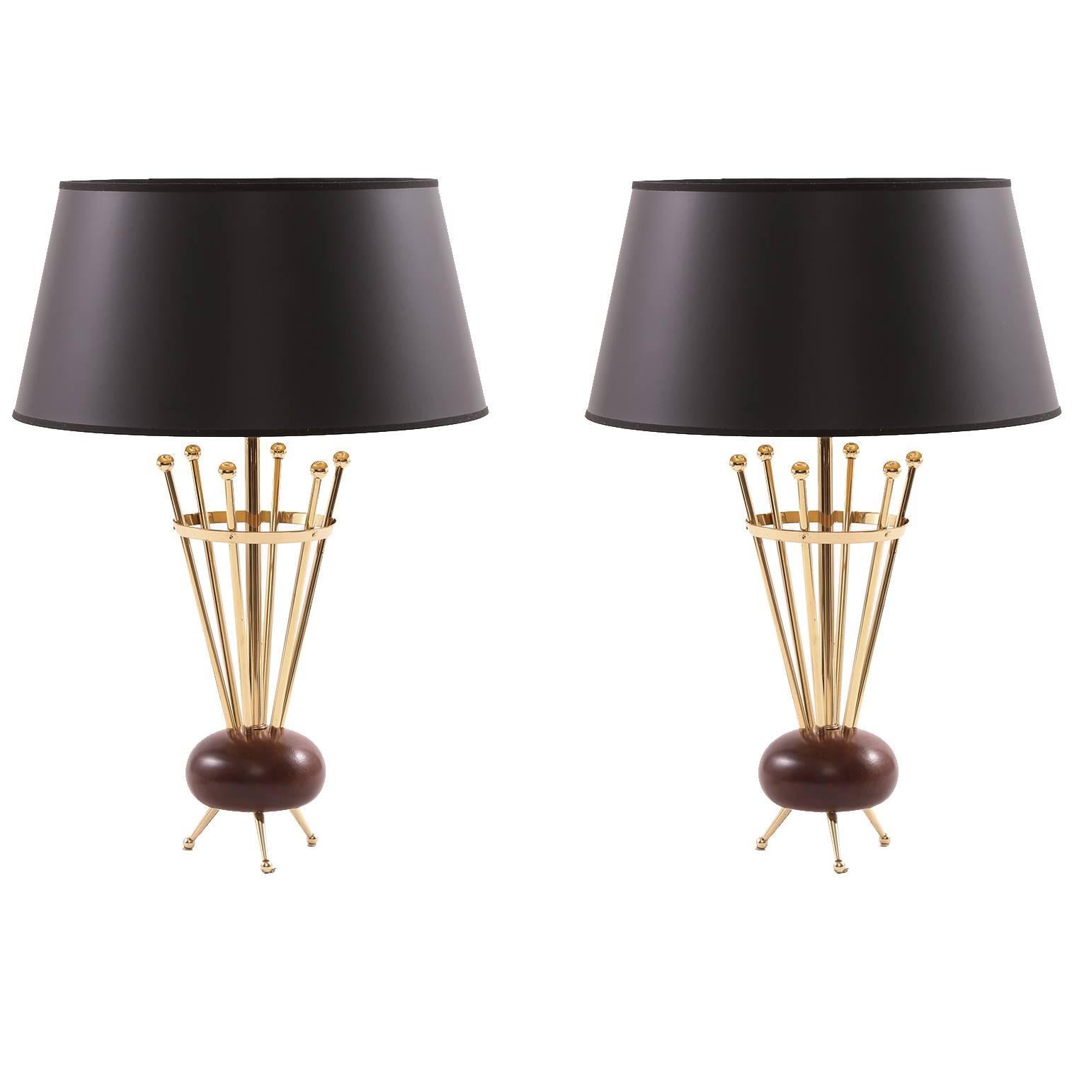 Pair of Stiffel Sputnik Table Lamps in Brass & Walnut