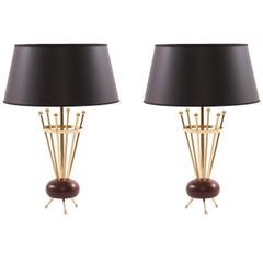 Pair of Stiffel Sputnik Table Lamps in Brass & Walnut