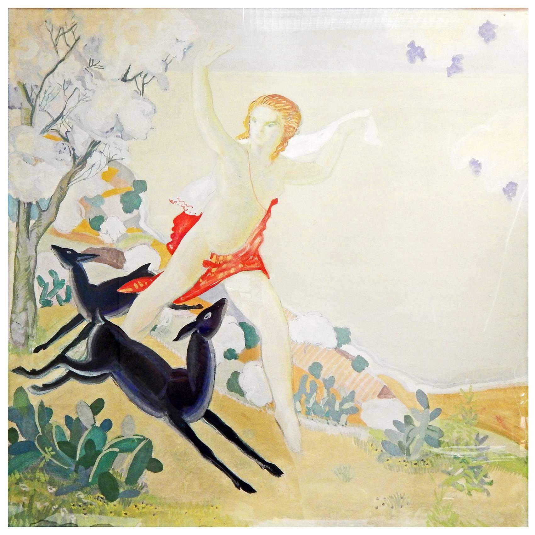 "Diana Running with Deer, " Fabulous, Large Art Deco Mythological Mural, Square