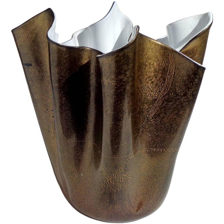 Murano black white gold flecks italian art glass fazzoletto sculptural vase for sale Murano black white gold flecks italian art glass fazzoletto sculptural vase for sale