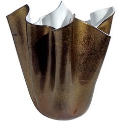 Murano Black White Gold Flecks Italian Art Glass Fazzoletto Sculptural Vase 6