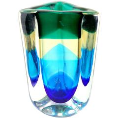 Vase à fleurs en verre d'art italien Fulvio Bianconi Venini Murano Signé Sommerso