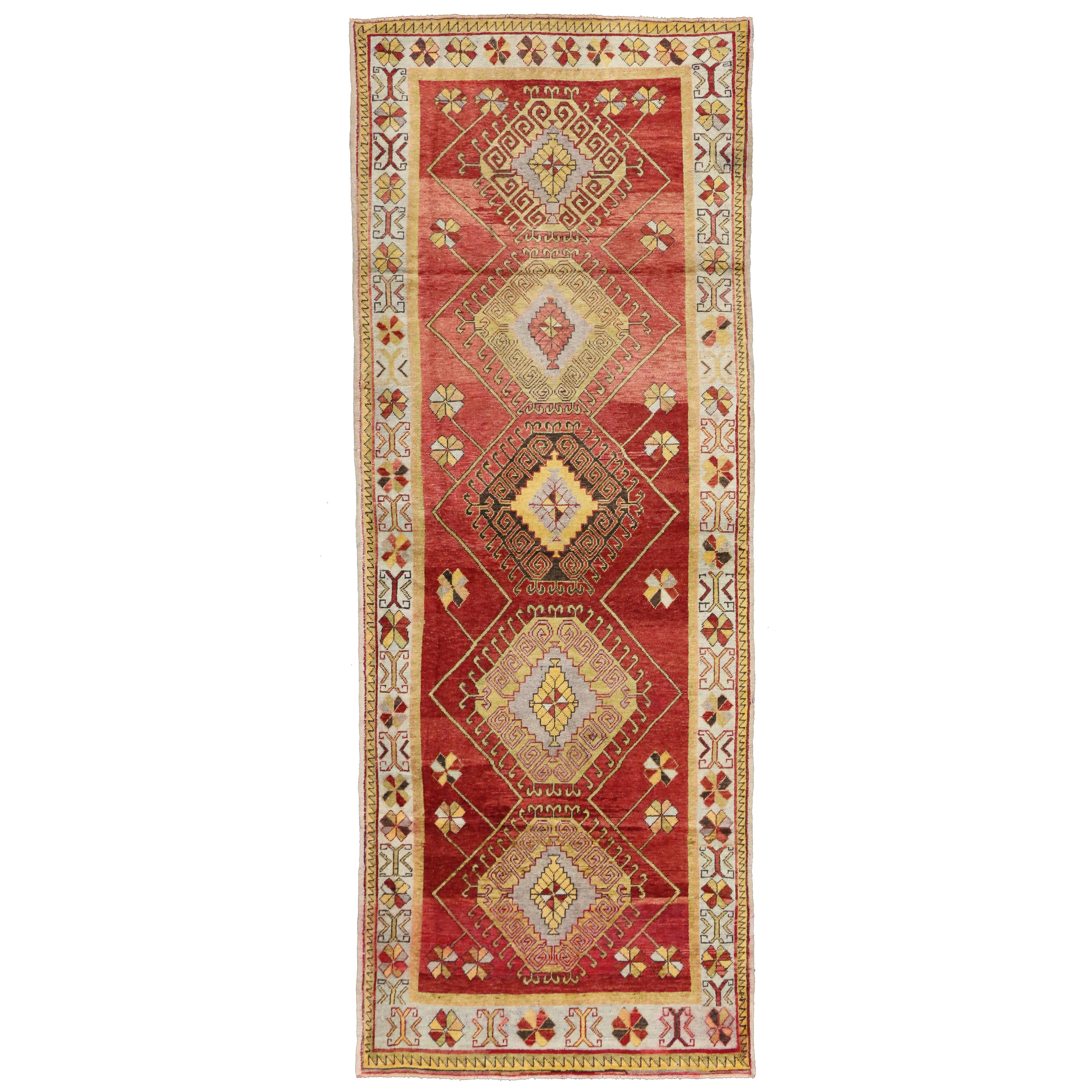 Tapis de couloir vintage turc Oushak de style tribal moderne, large tapis de couloir