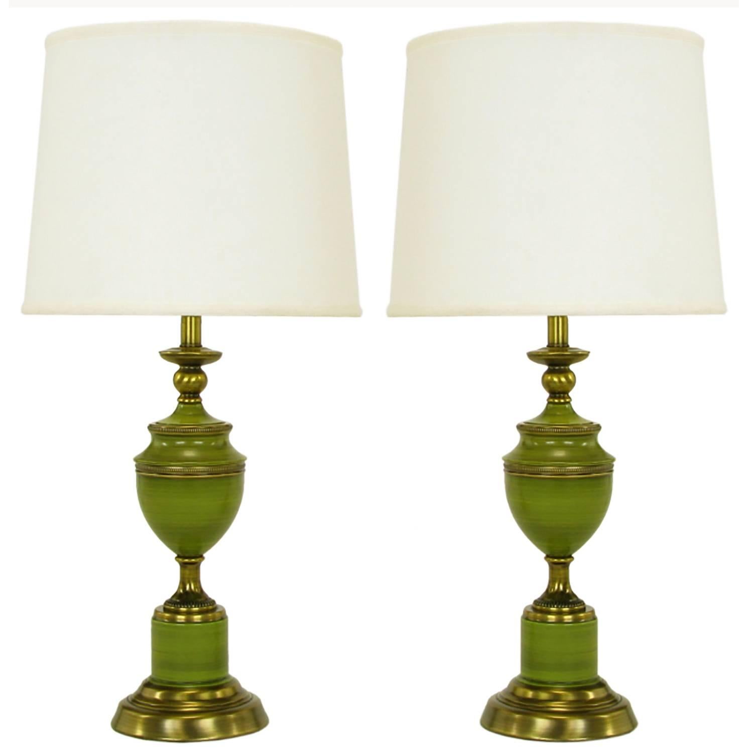 Pair of Rembrandt Lamps Antiqued Brass & Green Lacquer Empire Style Table Lamps