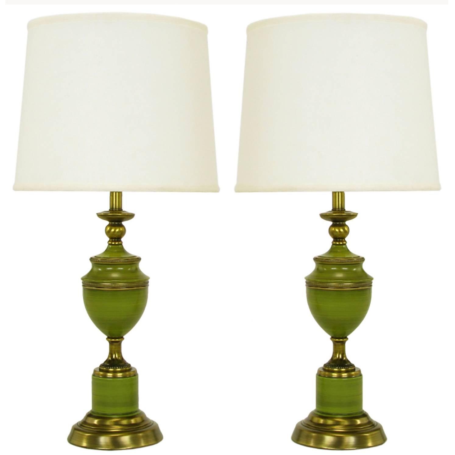 Pair of Rembrandt Lamps Antiqued Brass and Green Lacquer Empire Style