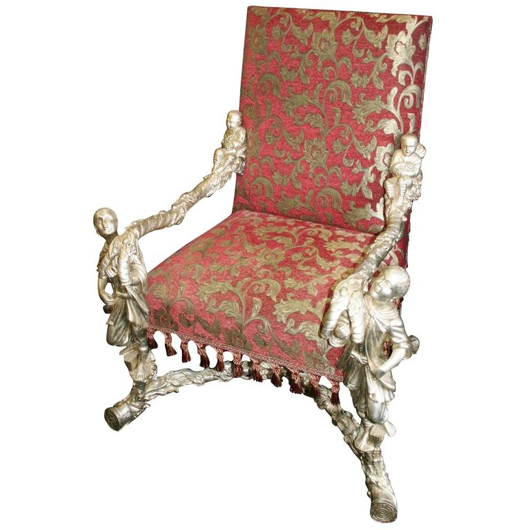 Ornate Carved Wood Silver Leaf Throne Chair at 1stdibs