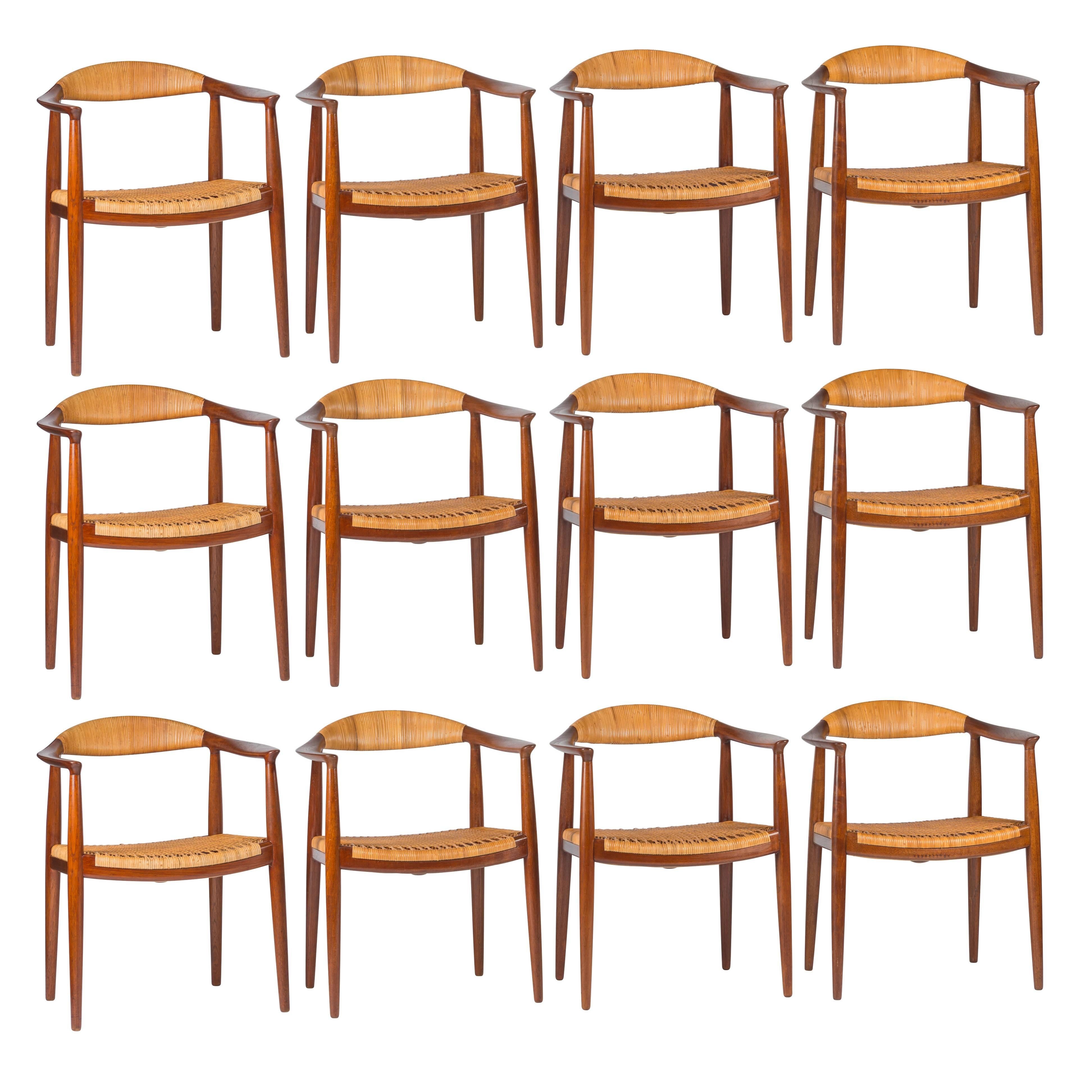 12 Hans Wegner Teak and Cane Classic Chairs for Johannes Hansen