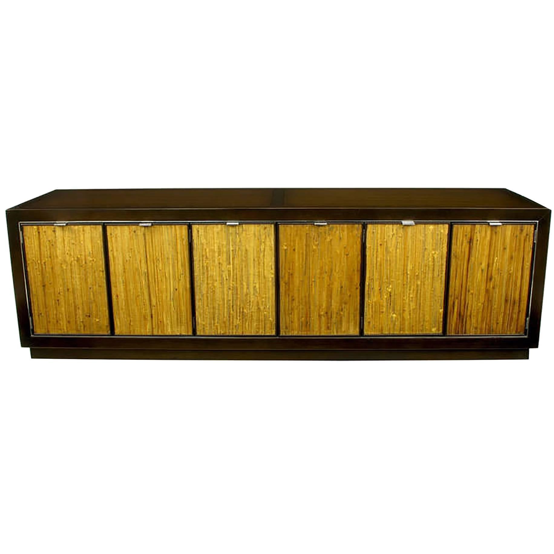 Dark Walnut and Grass Cloth Low Cabinet after Harvey Probber